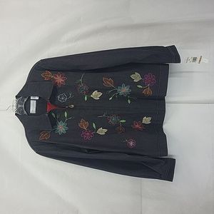 ALFRED DUNNER Blue Floral Embroidered Zip-Up Jean Jacket with Pockets